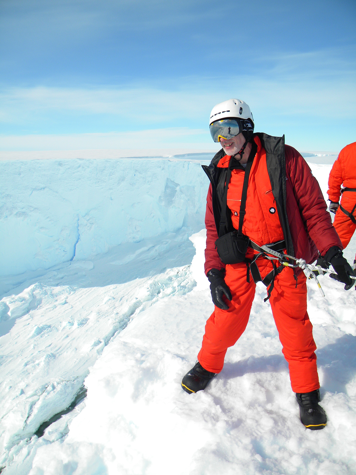 Roped up and standing at the edge of the “Halloween Crack”, a growing crevasse that necessitated the move of Halley station and eventually led to the break-out of a large iceberg.
