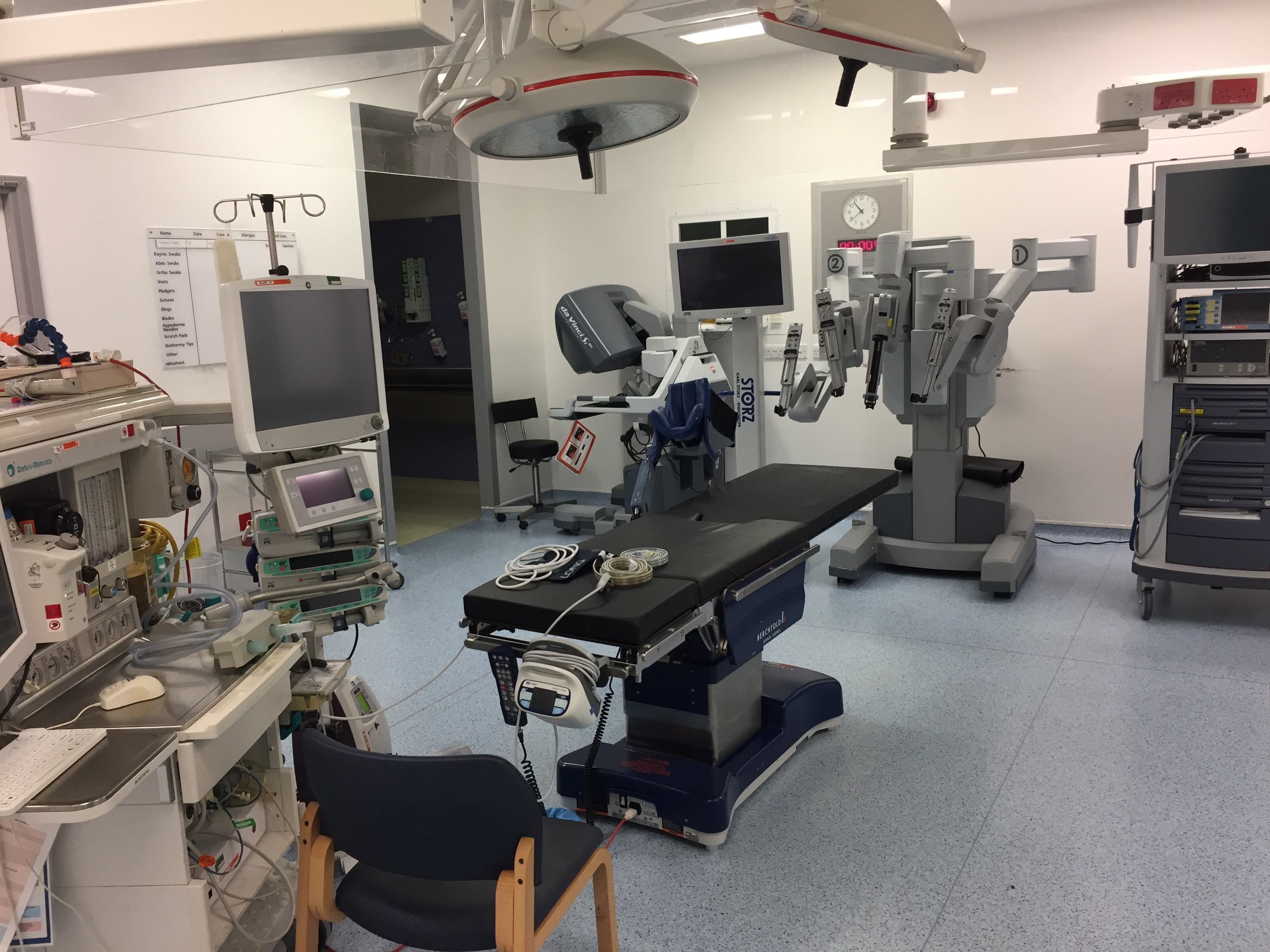 Figure 3: Operating theatre with the da Vinci robot mainly used for robotic prostatectomy at The Robotic Prostate Centre Cambridge, Urology Department, Addenbrooke’s hospital, 2020, picture by Ari Ercole.