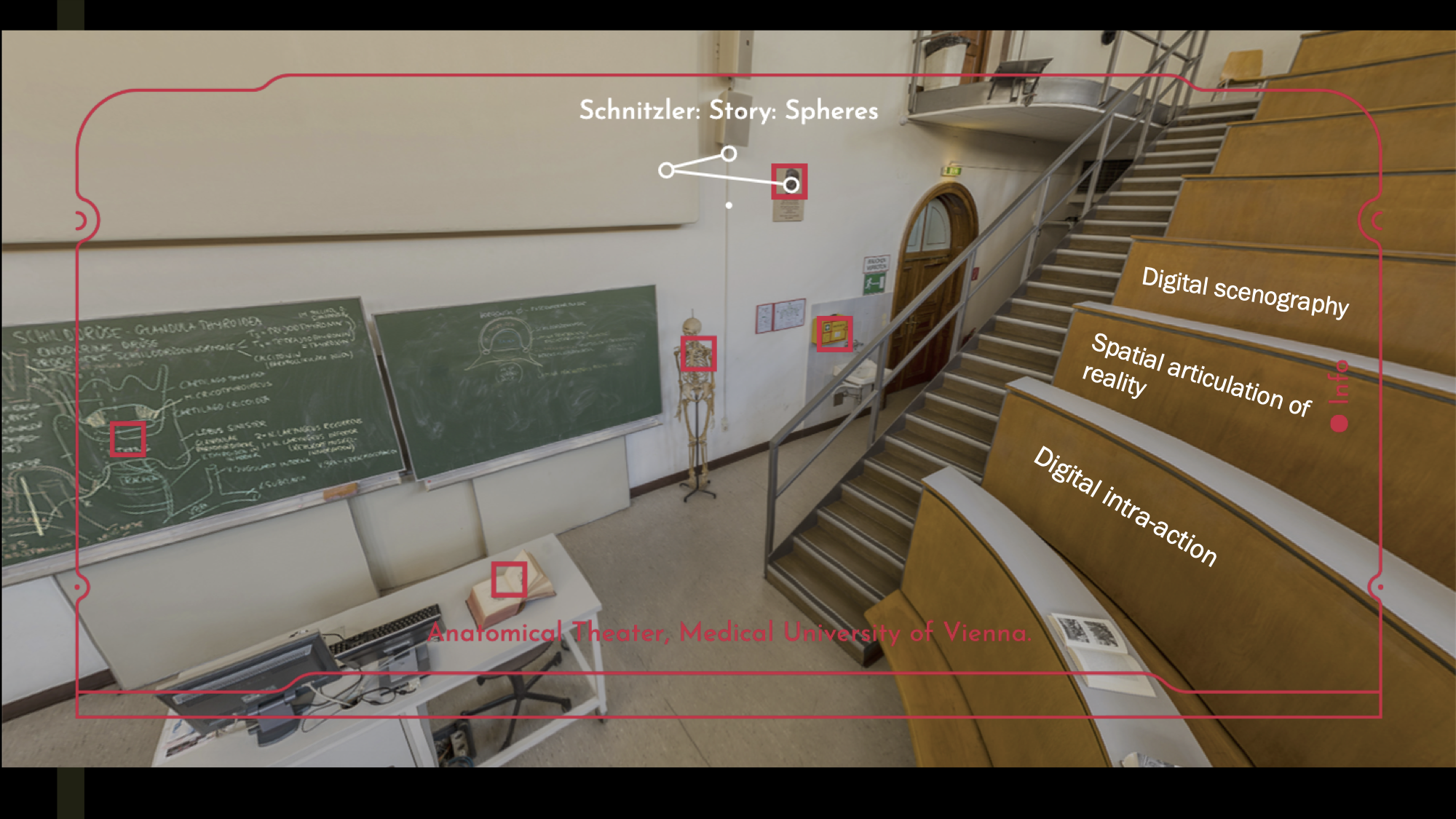 Figure 7: Hotspots marked by squares prompt users to make connections between different agents. Digital Scenography visualises the structure of an argument through ‘point and click’ interactions. Screenshot in the Anatomical Theatre sphere at the Medical University, Vienna.