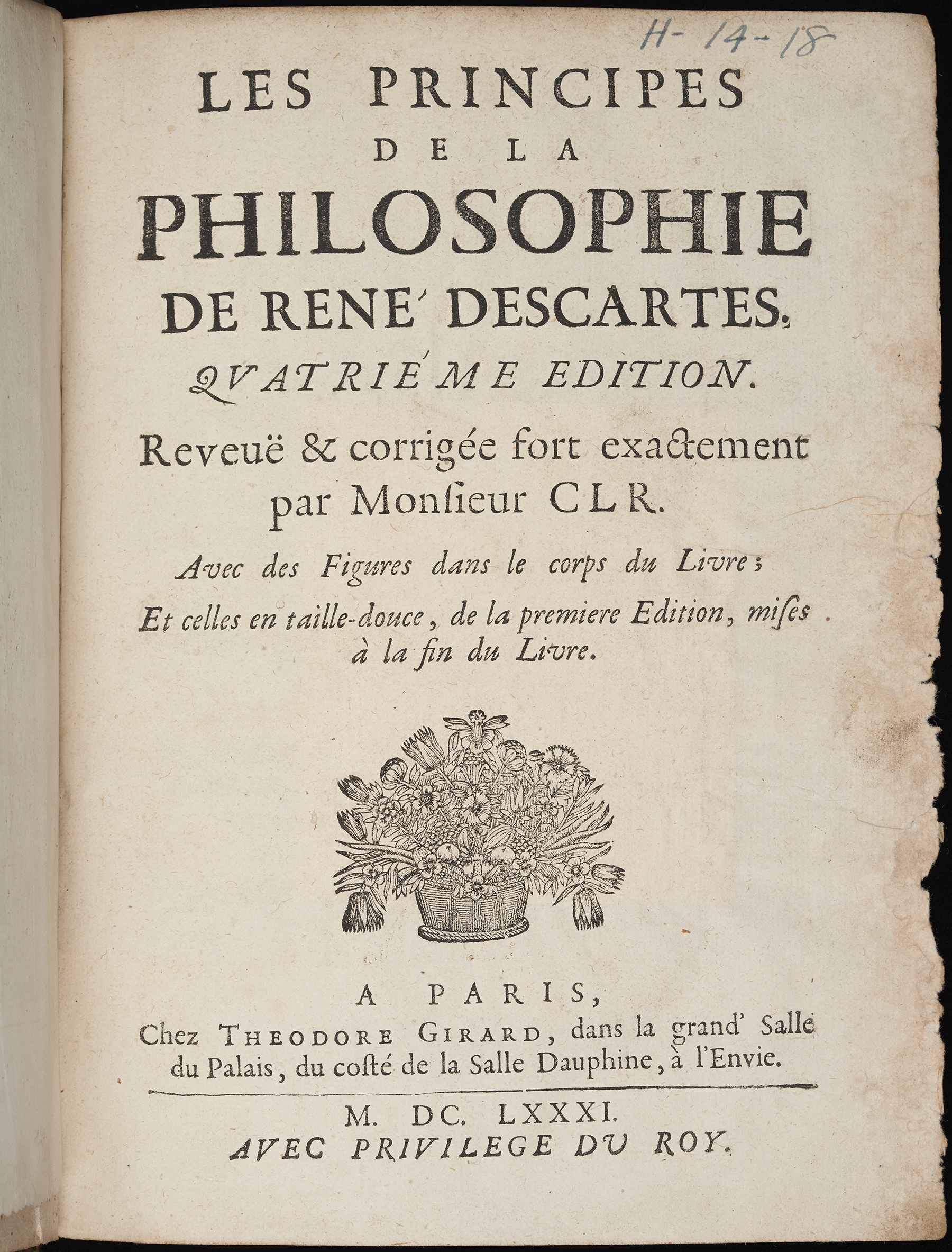 The title page of Old Library H.14.18, 'Les principes de la philosophie' by Descartes, donated to the Old Library by Mary Astell.