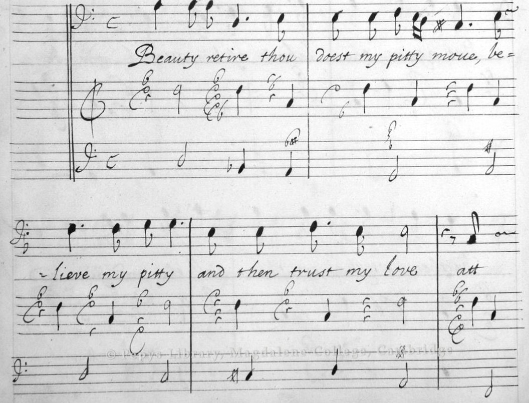 Manuscript: ‘Beauty retire’ by Samuel Pepys, from ‘Songs sett by Sigr Pietro Reggio &c’, 1680