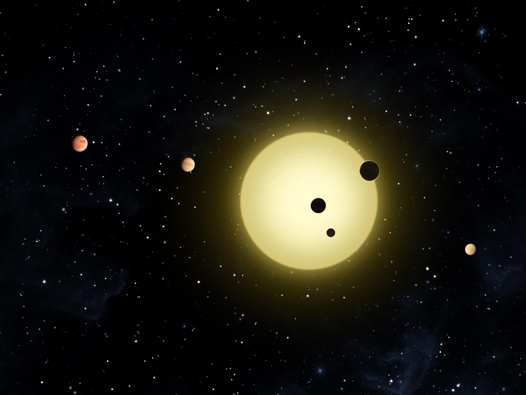 The Kepler-11 exoplanet system, discovered by NASA's Kepler Space Telescope. This artist's conception shows the system's six planets orbiting close to their parent star. Over the past few years, thousands of diverse exoplanets have been identified outside of our solar system. Stars and their orbiting planets appear to form simultaneously in dense interstellar clouds of gas and dust. Image credit: NASA/Tim Pyle