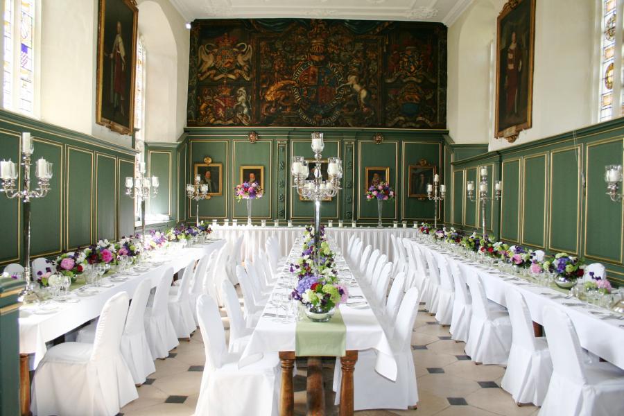 Hall set for wedding breakfast at Magdalene College Cambridge